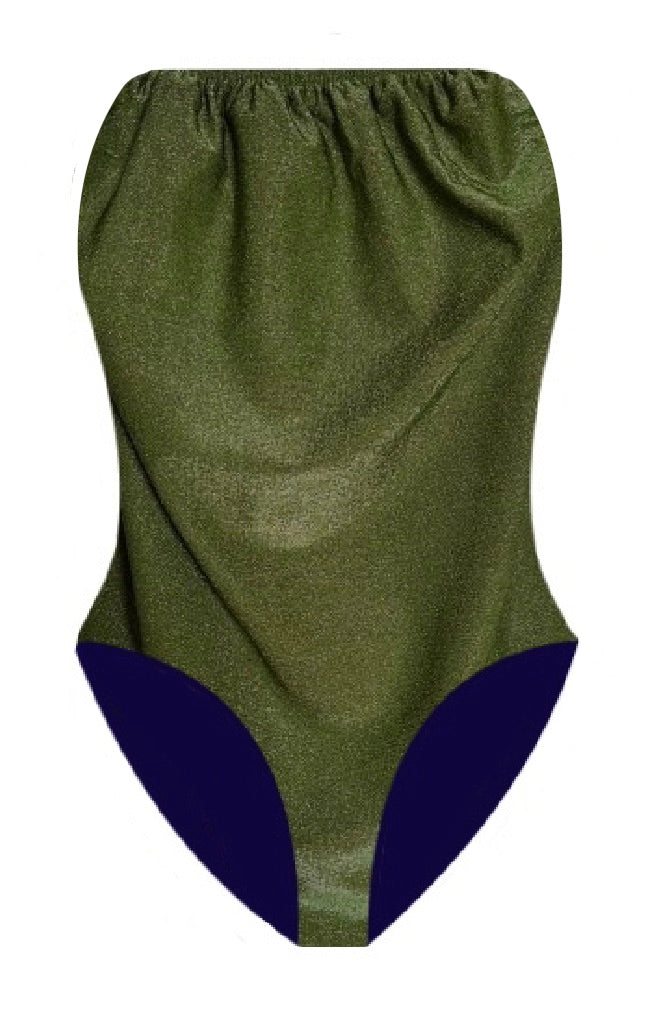 Bañador bandeau de lurex brillante verde oliva.