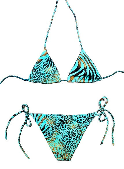 Bikini triangular estampado animal print azul con lurex. Braguita a juego.