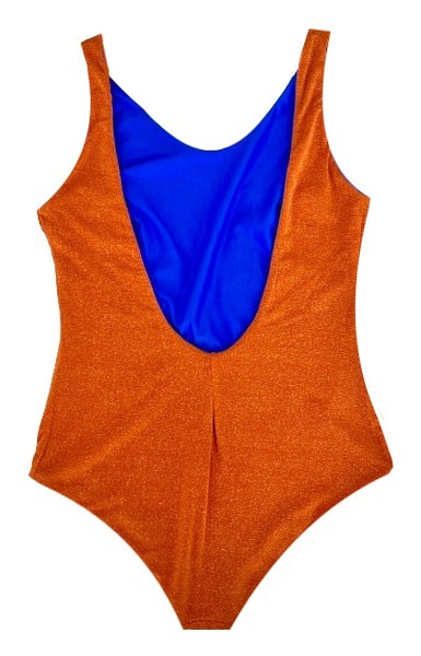 Bañador entero color naranja con lurex plata