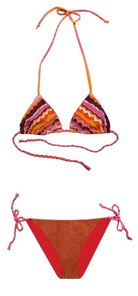 Bikini triangular estampado etnico con metalizado plata. Braguita triangular de de lurex naranja por delante y fucsia por detrás