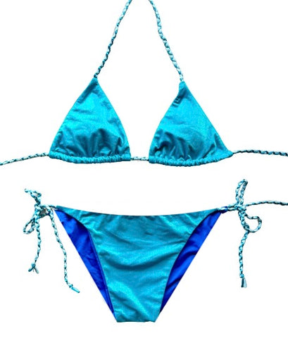 Bikini de cortina azul turquesa y lurex verde. Braguita a juego.