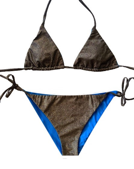 Bikini de cortina de lurex negro. Braguita triangular y cintas a juego.