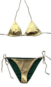 Bikini de cortina oro canalé ancho metalizado. Braguita triangular a juego.