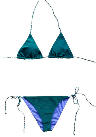 Bikini triangular de color petroleo con lurex verde.