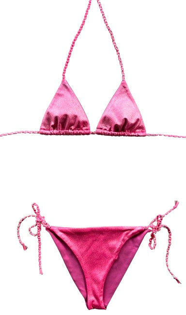 Bikini triangular de tejido multipunto rosa. Braguita a juego.