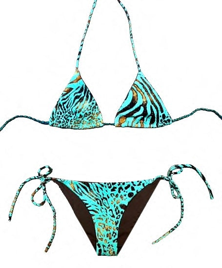 Bikini triangular estampado animal print azul con lurex. Braguita a juego.