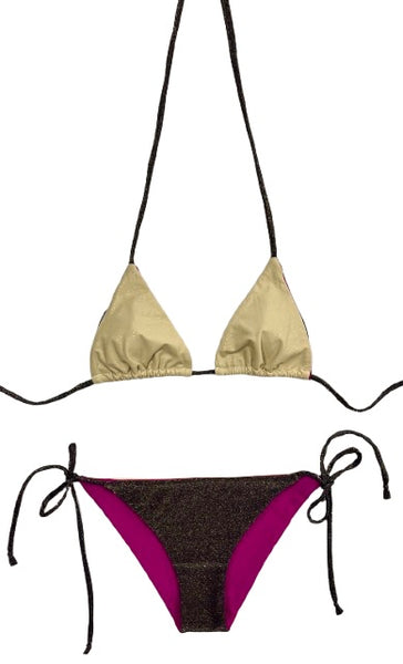 Bikini de cortina beige con laminado de puntos dorados. Braguita triangular de lurex negro por delante y estampado como el de la parte de arriba por detrás