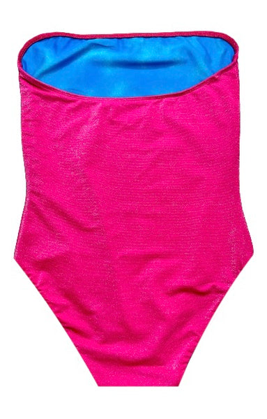 Bañador bandeau fuxia lurex plata