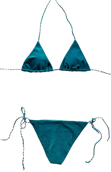 Bikini triangular de color petroleo con lurex verde.