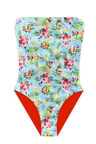 Bañador bandeau estampado de flores de piqué y lurex dorado.