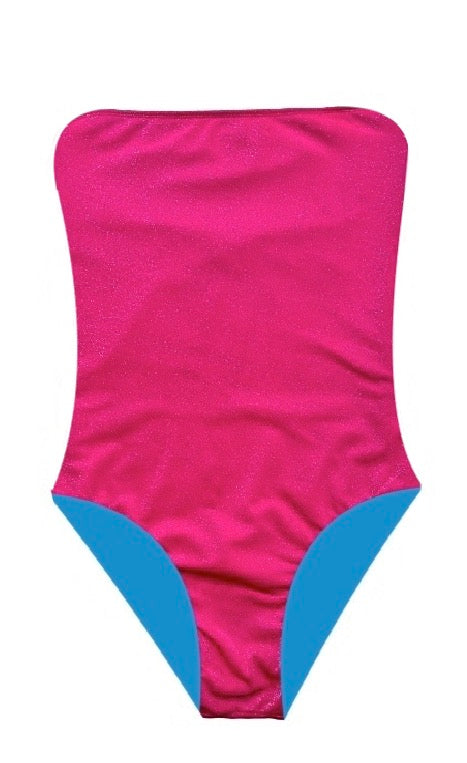 Bañador bandeau fuxia lurex plata