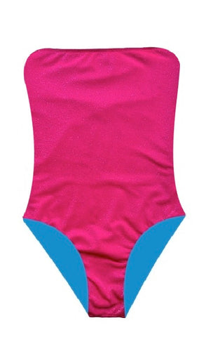 Bañador bandeau fuxia lurex plata