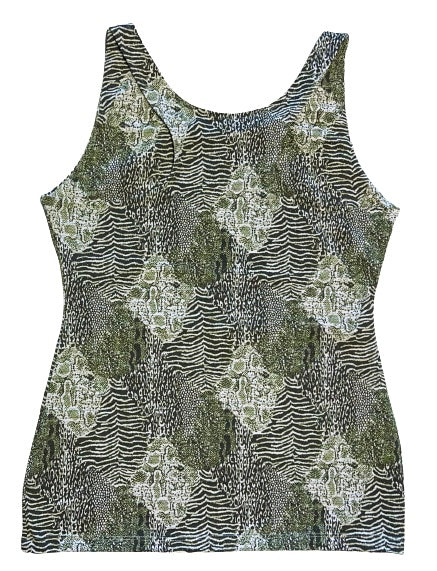 Camiseta de yoga larga de tejido elástico estampado animal print verde caqui con lurex dorado.