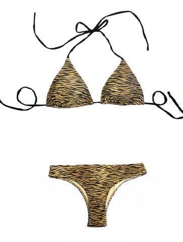 Bikini de cortina de tul estampado animalprint con cinta elástica negra. Braguita brasileña a juego.