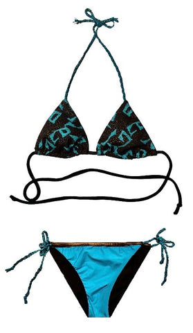 Bikini de cortina estampado marrón y turquesa con puntitos dorados.