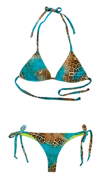 Bikini de cortina estampado animalprint turquesa. Braguita de triángulo a juego.  Las cintas son elásticas del mismo tejido.