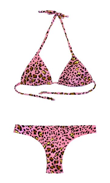 Bikini de cortina estampado animalprint rosa con cintas elásticas a juego. Braguita brasileña del mismo estampado.