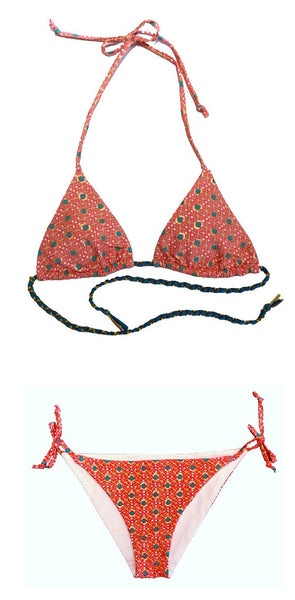 Bikini de cortina estampado naranja con motivos turquesas y laminado dorado