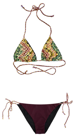 Bikini de cortina con estampado en tonos verdes y berenjenas con oro. Braguita de triángulo color berenjena por delante y con el mismo estampado detrás.