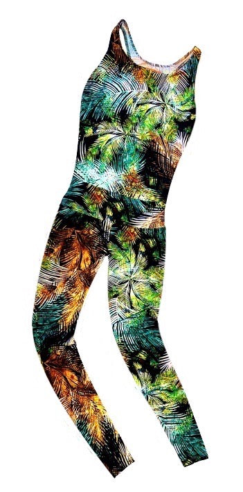 Conjunto de yoga elástico estampado hojas selva. Pantalón legging alto y camiseta larga.