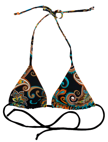 Bikini de cortina estampado Paisley negro. Braguita brasileña triangular del mismo estampado por delante y negro por detrás. Las cintas son a juego con el estampado.