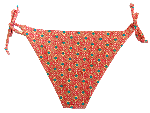 Bikini de cortina estampado naranja con motivos turquesas y laminado dorado