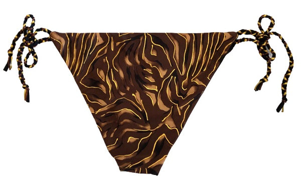 Bikini de cortina con estampado animal print marrón y dorado. Braguita de triángulo del mismo estampado.