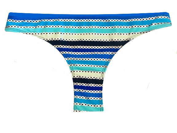 Bikini con estampado de rayas/ topo metalizado plata en tonos azules  Braguita brasileña del mismo estampado por delante y azul marino por detrás.