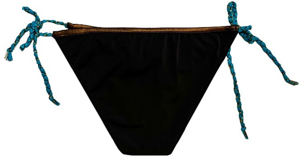 Bikini de cortina estampado marrón y turquesa con puntitos dorados.