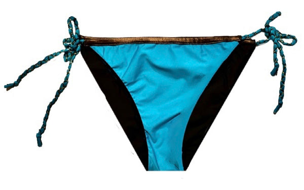 Bikini de cortina estampado marrón y turquesa con puntitos dorados.