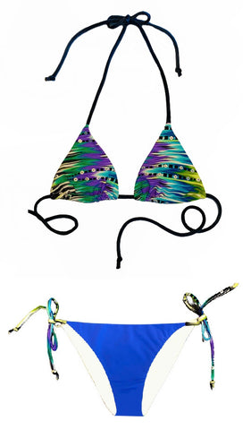 Bikini triangular de cortina estampado de colores con imitación de lentejuelas. Braguita triangular del mismo estampado por detrás y azul por delante.