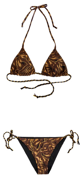 Bikini de cortina con estampado animal print marrón y dorado. Braguita de triángulo del mismo estampado.