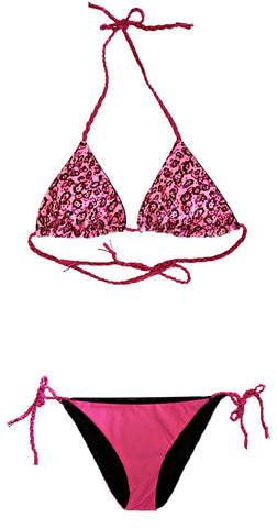 Bikini de cortina con estampado animal print rosa y lila metalizado. Braguita de triángulo fucsia por delante y rosa por detrás.