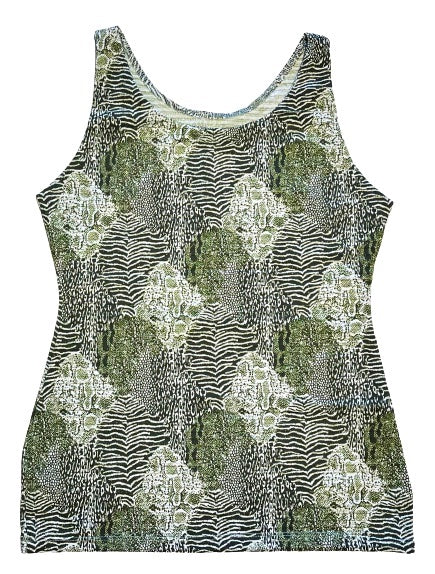 Camiseta de yoga larga de tejido elástico estampado animal print verde caqui con lurex dorado.